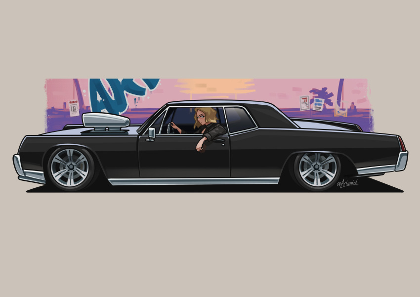 1girl absurdres arhentol black_jacket blonde_hair blue_eyes car commission driving engine english_commentary from_side grand_theft_auto grand_theft_auto_v grey_background highres jacket lowrider motor_vehicle muscle_car original shadow short_hair solo twitter_username vapid_chino vehicle_focus