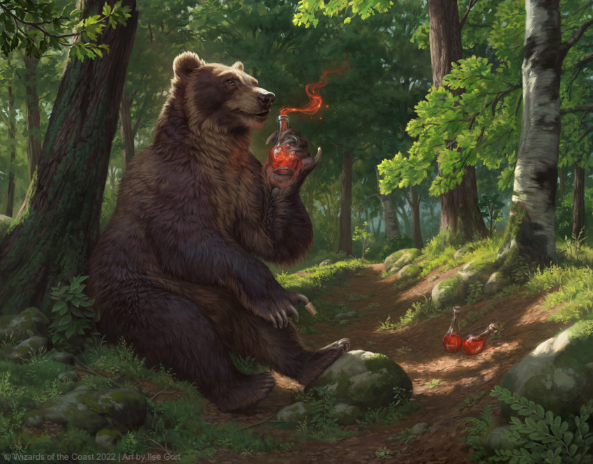 animal animal_focus artist_name bear bottle caraidart commentary day english_commentary forest grass holding holding_bottle magic:_the_gathering nature no_humans outdoors plant potion rock tree watermark