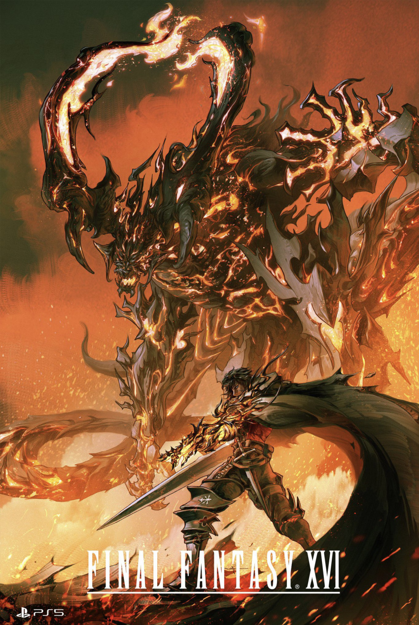 1boy armor belt black_cape black_hair black_pants blue_eyes cape clive_rosfield copyright_name facial_tattoo fighting_stance final_fantasy final_fantasy_xvi fire gauntlets highres horns ifrit_(final_fantasy) leg_armor monster pants red_background red_shirt shirt short_hair sword tattoo warrickwong weapon