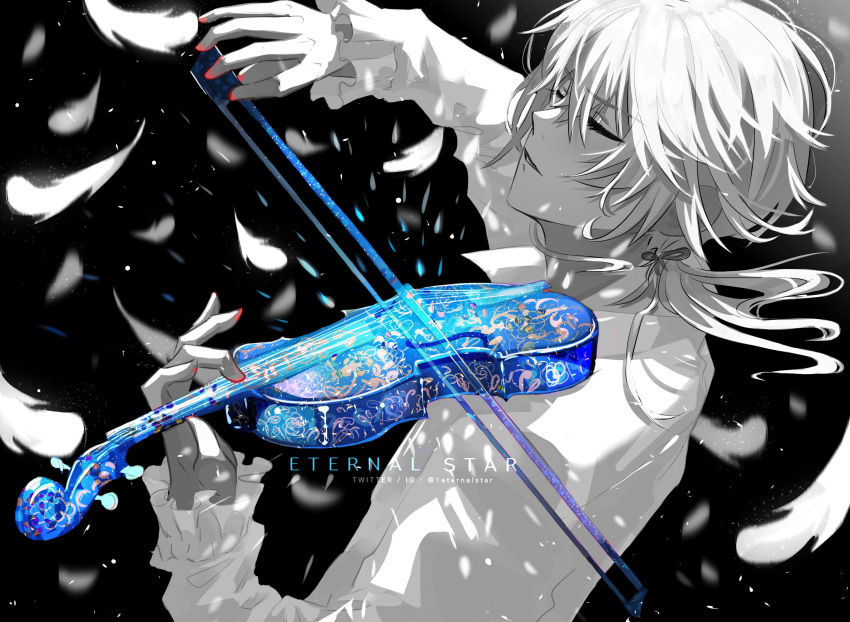 1boy 1eternalstar absurdres artist_name black_background bow_(music) closed_eyes feathers frilled_sleeves frills from_side glowing greyscale hair_between_eyes hair_ribbon highres holding holding_bow_(music) holding_instrument instrument low_ponytail male_focus medium_hair monochrome music original parted_lips playing_instrument ribbon shirt solo spot_color twitter_username upper_body violin