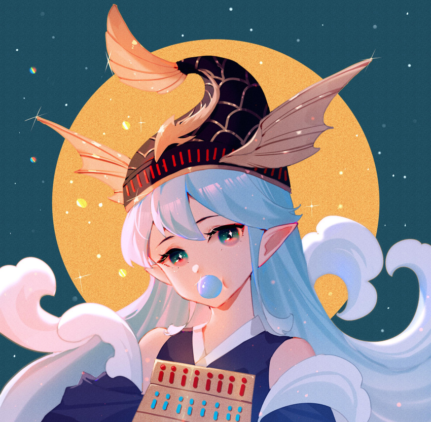 1girl absurdres bare_shoulders black_headwear blue_background blue_eyes blue_hair blue_shirt bubble_blowing chinese_commentary circle clothing_cutout commentary_request fish_hat highres japanese_clothes kingyo_hime_(onmyoji) liquid_hair onmyoji pointy_ears portrait shirt shoulder_cutout solo yi_er_san