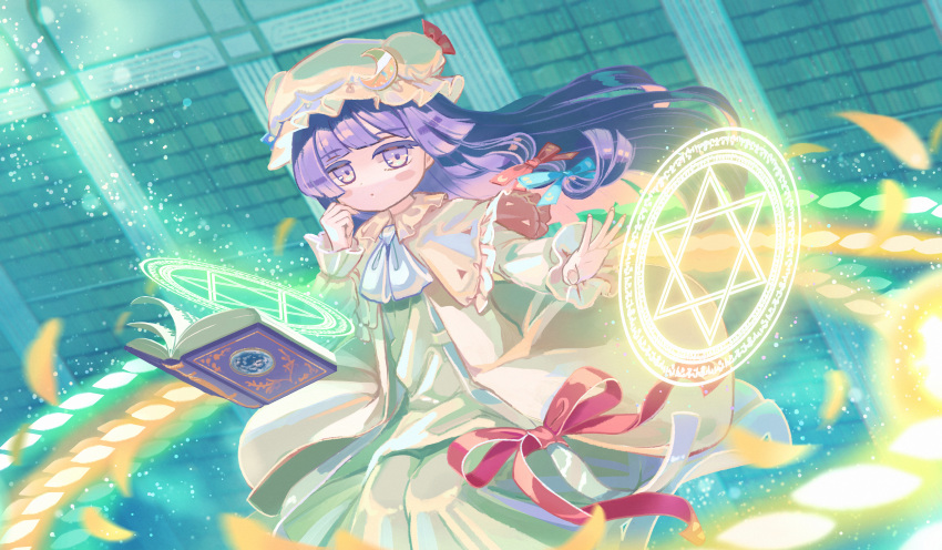 1girl absurdres blue_ribbon book closed_mouth crescent crescent_hat_ornament danmaku dress hair_ribbon hat hat_ornament hexagram highres lapi_(63031195) long_hair long_sleeves magic_circle mob_cap open_book patchouli_knowledge purple_hair red_ribbon ribbon solo touhou violet_eyes white_dress white_headwear