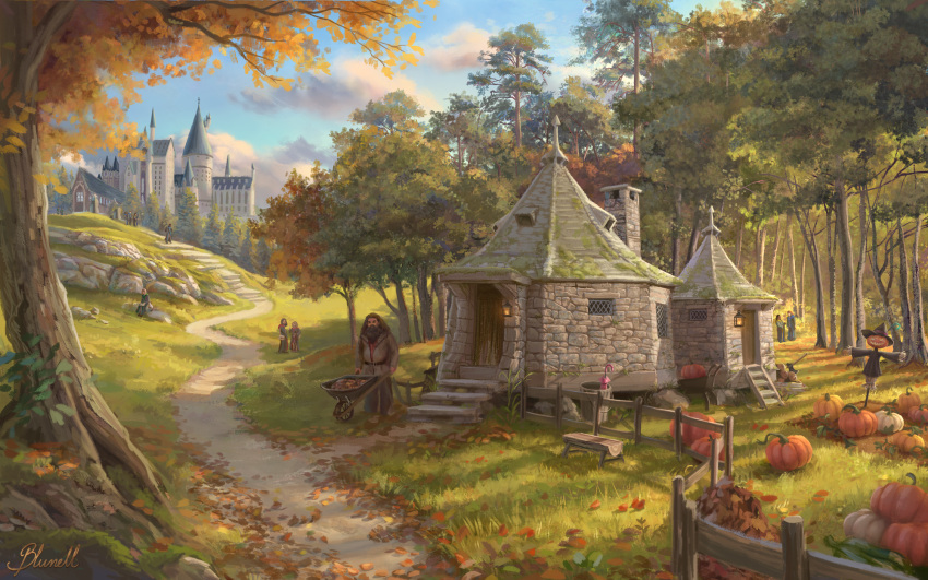 1boy 6+others artist_name blue_sky blunell_(artist) building castle clouds commentary english_commentary european_architecture fence grass harry_potter_(series) highres house multiple_others outdoors path pumpkin rubeus_hagrid scarecrow signature sky tree watermark wheelbarrow wizarding_world wooden_fence
