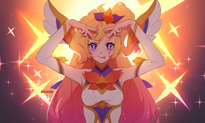 1girl :p arms_up artist_name bare_shoulders blonde_hair bow bowtie breasts detached_sleeves dreamcharlie head_wings highres large_breasts league_of_legends long_hair looking_at_viewer orange_bow orange_bowtie pink_hair smile solo sparkle sparkling_eyes star_guardian_(league_of_legends) star_guardian_seraphine tongue tongue_out upper_body wings