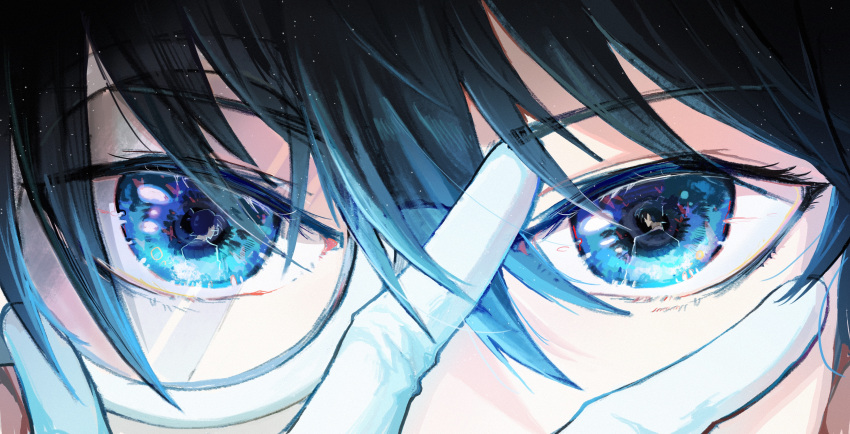 1boy absurdres avatra black_hair blue_eyes close-up commentary english_commentary eye_focus eye_reflection gloves hair_between_eyes hand_on_own_face highres kaitou_kid kudou_shin'ichi looking_at_viewer male_focus meitantei_conan monocle reflection solo straight-on white_gloves