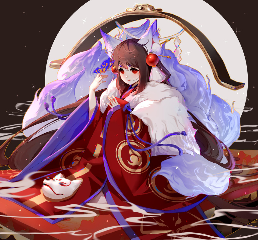 1girl absurdres aged_down animal_ears black_hair bug butterfly butterfly_on_hand circle dark_background feather_boa fox_ears fox_mask fox_tail genderswap genderswap_(mtf) hands_up highres japanese_clothes kimono long_hair long_sleeves mask mask_removed multiple_tails onmyoji purple_butterfly red_eyes red_kimono red_lips solo tail tamamo_no_mae_(onmyoji) white_tail wide_sleeves yi_er_san