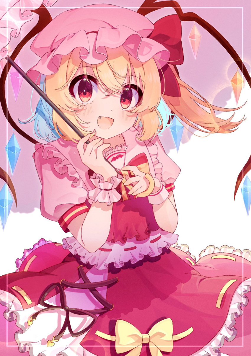 1girl blonde_hair blush crystal fang flandre_scarlet hair_between_eyes hat highres holding holding_umbrella kudamono25253 long_hair mob_cap open_mouth puffy_short_sleeves puffy_sleeves red_eyes red_skirt red_vest short_sleeves skirt smile solo touhou umbrella vest white_headwear wings