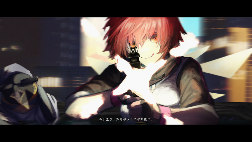 1girl 1other absurdres aiming aiming_at_viewer arknights black_gloves black_sleeves blurry closed_mouth commentary_request detached_wings energy_wings exusiai_(arknights) film_grain fingerless_gloves firing_at_viewer gloves gun gyoukan_(jfxc) highres jacket kriss_vector letterboxed licking_lips motion_blur orange_eyes redhead short_hair submachine_gun the_emperor_(arknights) tongue tongue_out translation_request weapon white_jacket wings