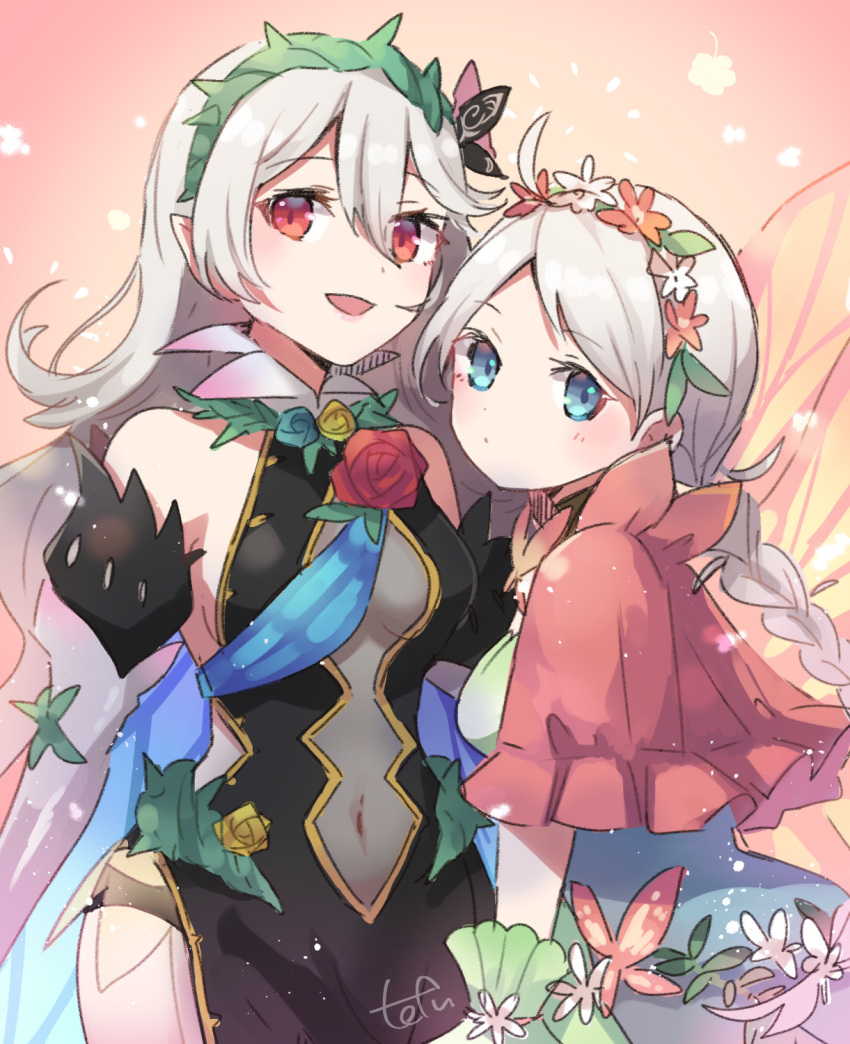 2girls bare_shoulders blue_eyes braid breasts capelet commentary_request corrin_(female)_(fire_emblem) corrin_(female)_(resplendent)_(fire_emblem) corrin_(fire_emblem) covered_navel fairy_wings fire_emblem fire_emblem_fates fire_emblem_heroes grey_hair hair_vines hairband highres low_twin_braids medium_breasts multiple_girls nina_(fire_emblem) nina_(resplendent)_(fire_emblem) parted_bangs pink_capelet red_eyes tefutene twin_braids wings
