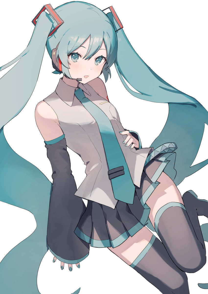 1girl absurdres aqua_eyes aqua_hair aqua_nails aqua_necktie bare_shoulders black_skirt black_sleeves boots breasts collared_shirt cowboy_shot detached_sleeves grey_shirt hair_between_eyes hatsune_miku headset highres light_blush long_hair looking_at_viewer necktie number_tattoo open_mouth pleated_skirt shiratakiseaice shirt shoulder_tattoo skirt sleeveless sleeveless_shirt small_breasts solo tattoo thigh_boots twintails very_long_hair vocaloid white_background wide_sleeves zettai_ryouiki