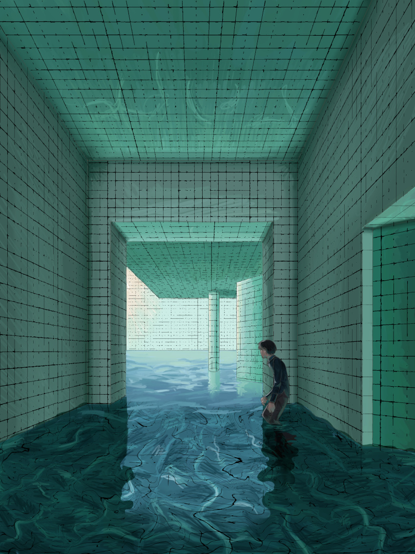 absurdres around_corner backrooms_(creepypasta) ceiling dream_pool hallway highres immersed indoors original partially_submerged pool reflection reflective_water ripples scenery soaking_feet submerged tile_ceiling tile_floor tile_wall tiles water