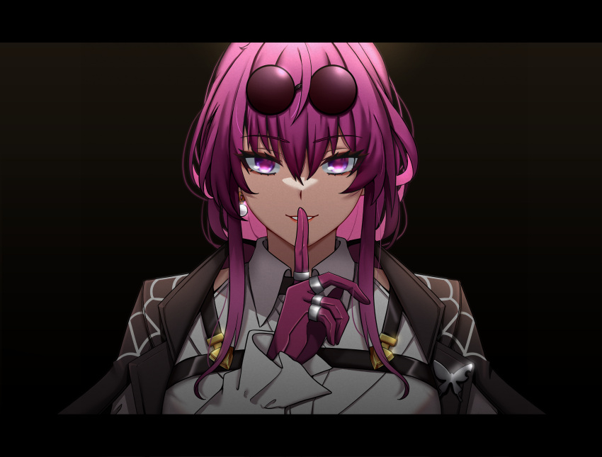 1girl black_jacket collared_shirt commentary earrings eyewear_on_head finger_to_mouth gloves hand_up highres honkai:_star_rail honkai_(series) jacket jacket_on_shoulders jewelry kafka_(honkai:_star_rail) letterboxed lion_space long_hair long_sleeves looking_at_viewer parted_lips purple_gloves purple_hair round_eyewear shirt shushing sleeves_past_wrists solo upper_body violet_eyes white_shirt