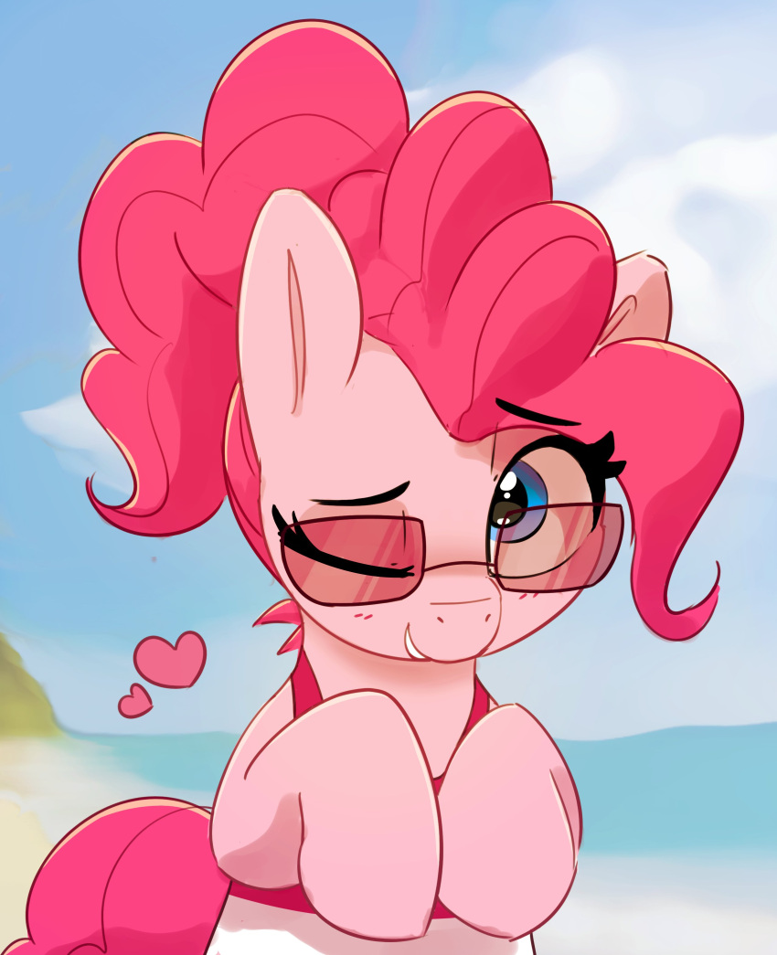 1girl absurdres blue_eyes blue_sky clouds glasses heart highres looking_at_viewer my_little_pony my_little_pony:_friendship_is_magic one_eye_closed outdoors pabbley pink_fur pink_hair pinkie_pie pony_(animal) sky solo upper_body
