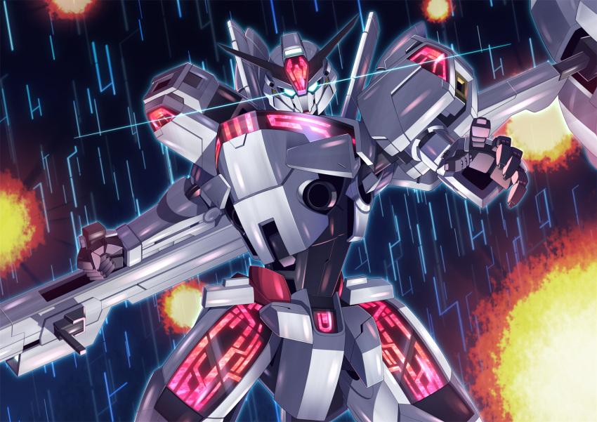 beam_cannon blue_eyes commentary energy_cannon explosion glowing glowing_eyes gundam gundam_calibarn gundam_suisei_no_majo highres holding holding_cannon holding_weapon looking_at_viewer mate_(oktavia1121) mecha mobile_suit no_humans robot science_fiction solo upper_body v-fin weapon