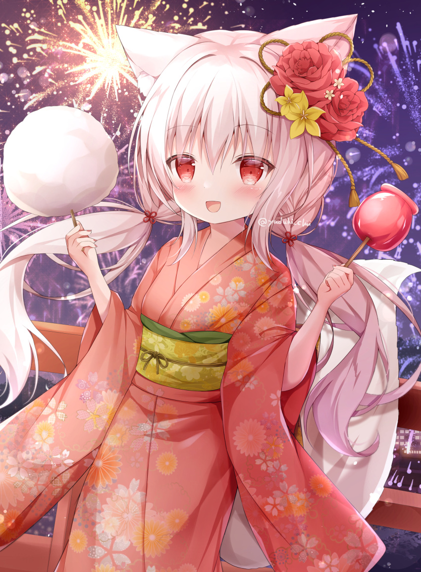 1girl absurdres aerial_fireworks animal_ears blush candy_apple cotton_candy fireworks food fox_ears fox_girl fox_tail hair_ornament highres holding holding_food japanese_clothes kanzashi kimono long_hair long_sleeves looking_at_viewer low_twintails night night_sky obi open_mouth original outdoors red_eyes sash sky smile solo star_(sky) starry_sky tail twintails very_long_hair white_hair wide_sleeves yuduki_pdx yukata