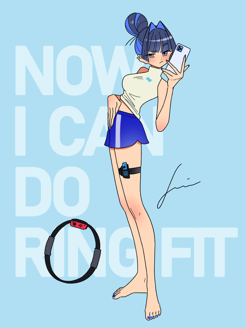 1girl absurdres bare_shoulders barefoot blue_eyes blue_hair blue_nails blue_pants blunt_bangs breasts cellphone colored_inner_hair ear_piercing english_text feet hair_bun hair_intakes hand_up highres holding holding_phone hololive hololive_english jennie_congee joy-con large_breasts legs long_legs looking_at_viewer multicolored_hair nail_polish official_alternate_costume ouro_kronii ouro_kronii_(3rd_costume) pants phone piercing shirt short_shorts shorts signature simple_background sleeveless smartphone thigh_strap toes turtleneck two-tone_hair virtual_youtuber white_shirt