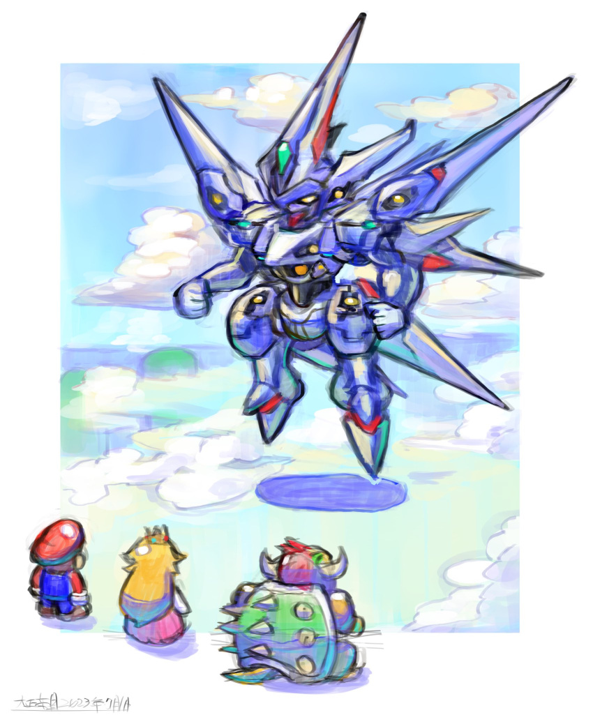 1girl 2boys blonde_hair bowser clouds commentary_request floating from_behind full_body hat highres long_hair mario mecha multiple_boys oomasa_teikoku princess_peach robot spiked_shell super_mario_bros. super_mario_rpg white_background xenogears xenogears_(mecha)