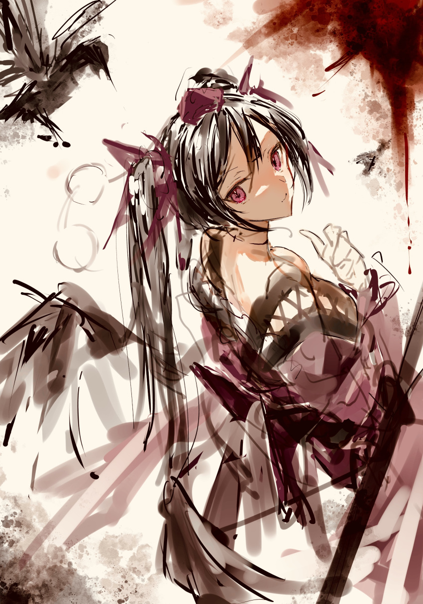 1girl absurdres bird black_hair closed_mouth commentary crow hat highres himekaidou_hatate kourindou_tengu_costume long_hair looking_at_viewer official_alternate_costume po_(anhk5528) pom_pom_(clothes) purple_headwear tokin_hat touhou twintails violet_eyes wings