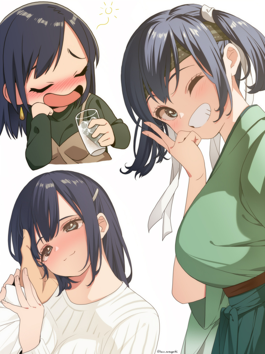 1girl blue_eyes blue_hair blush breasts closed_eyes cup drinking_glass earrings green_kimono grin hair_ornament hairclip highres holding holding_cup japanese_clothes jewelry kantai_collection kimono laco_soregashi large_breasts long_hair multiple_views one_eye_closed open_mouth smile souryuu_(kancolle) sweater twintails white_sweater wide_sleeves
