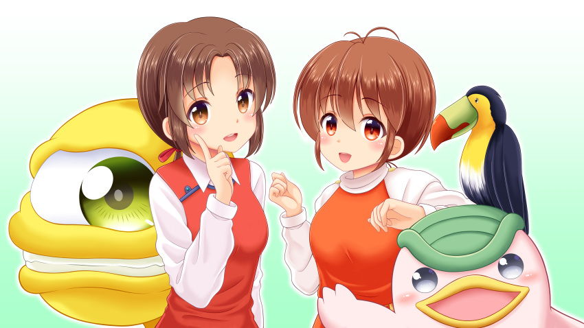 2girls :o absurdres bird blue_eyes breasts brown_eyes brown_hair colt_(monster_farm) gradient_background green_eyes highres holly_(monster_farm) index_finger_raised long_sleeves mocchi_(monster_farm) monster_farm multiple_girls red_eyes reimei_(r758120518) small_breasts suezo toucan