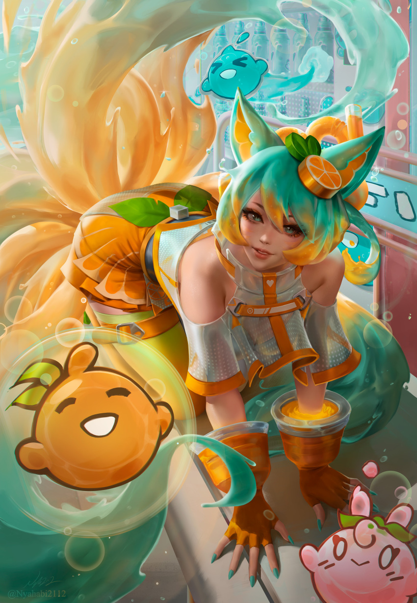 1girl :&gt; absurdres ahri_(league_of_legends) all_fours alternate_costume animal_ears bare_shoulders fingerless_gloves food-themed_hair_ornament fox_ears fox_tail gloves green_hair hair_between_eyes hair_ornament highres league_of_legends looking_at_viewer multiple_tails nyahabi2112 orange_gloves orange_hair orange_hair_ornament orange_skirt pleated_skirt shirt short_sleeves skirt smile solo tail teeth thigh-highs water yellow_thighhighs