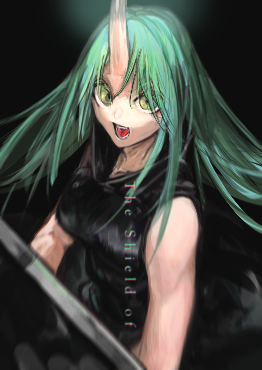 1girl absurdres arknights black_background black_shirt breasts chromatic_aberration collarbone commentary_request cowboy_shot floating_hair green_eyes green_hair gyoukan_(jfxc) highres horns hoshiguma_(arknights) long_hair looking_at_viewer oni_horns open_mouth shirt simple_background single_horn sleeveless sleeveless_shirt solo teeth