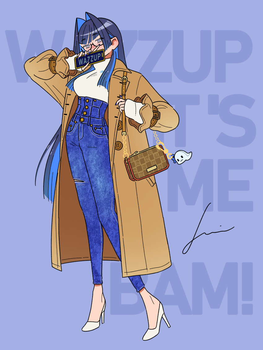 1girl absurdres arm_up bag blue_eyes blue_hair blue_nails blue_pants blunt_bangs blush boros_(ouro_kronii) breasts brown_coat cellphone coat colored_inner_hair covering_mouth denim ear_piercing english_text fingernails hair_intakes hand_over_own_mouth handbag high-waist_pants high_heels highres holding holding_bag holding_phone hololive hololive_english jeans jennie_congee jewelry long_hair long_legs long_sleeves looking_at_viewer multicolored_hair nail_polish official_alternate_costume open_clothes open_coat ouro_kronii ouro_kronii_(3rd_costume) pants phone piercing shirt shoes signature simple_background smartphone torn_clothes torn_pants trench_coat turtleneck two-tone_hair very_long_hair virtual_youtuber white_background white_footwear white_shirt