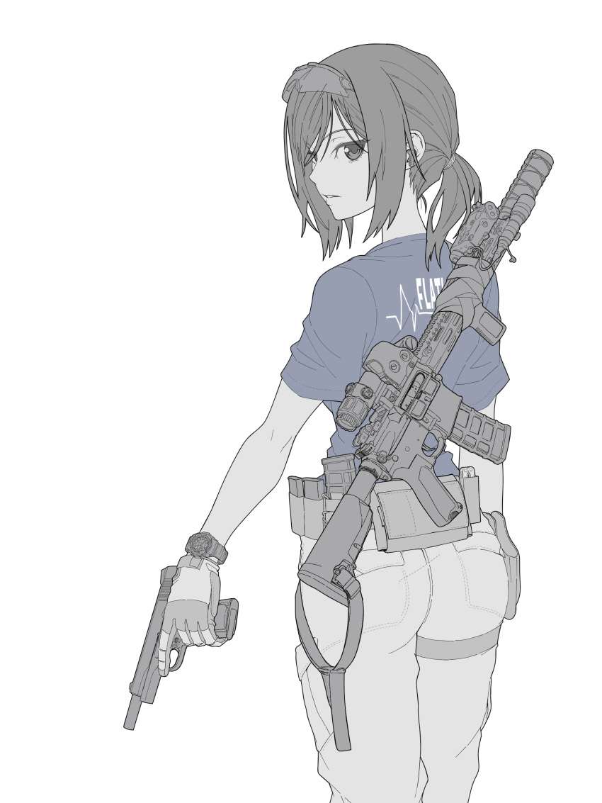 1girl absurdres ass blue_shirt cardiogram commentary_request from_behind gloves goggles goggles_on_head gun gun_on_back handgun highres hk416 holding holding_gun holding_weapon looking_at_viewer looking_back m1911 original pants ponytail shirt short_sleeves simple_background solo sw50bmg swept_bangs trigger_discipline watch weapon weapon_on_back white_background