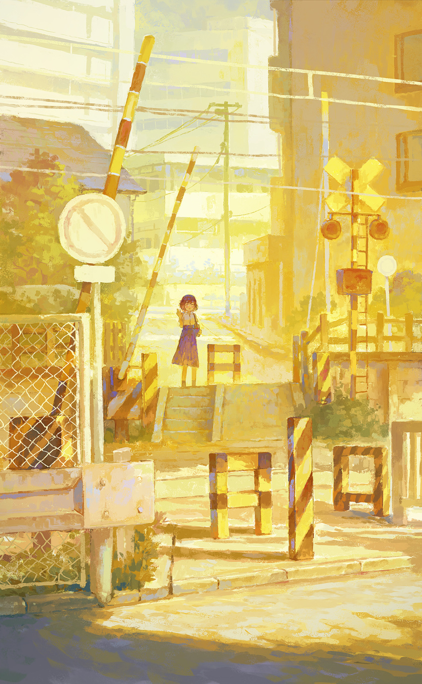 1girl bag black_hair blue_skirt blush closed_eyes day fjsmu hand_up highres open_mouth original outdoors pleated_skirt railroad_crossing road_sign scenery shirt short_hair short_sleeves shoulder_bag sign skirt smile solo stairs stop_sign white_shirt
