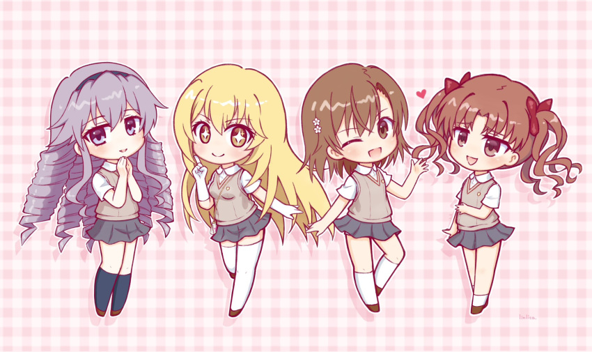 4girls arm_at_side artist_name astral_buddy asymmetrical_bangs black_hairband black_socks blonde_hair bow breasts brown_eyes brown_footwear brown_hair brown_vest chibi closed_mouth collared_shirt dress_shirt drill_hair elbow_gloves emblem flower full_body furrowed_brow gloves grey_skirt hair_between_eyes hair_flower hair_ornament hairband hand_up heart highres hokaze_junko index_finger_raised light_blush light_purple_hair linlica long_hair looking_at_another looking_at_viewer medium_breasts medium_hair miniskirt misaka_mikoto multiple_girls no_nose one_eye_closed open_mouth outline outstretched_arm own_hands_together parted_bangs pink_background red_bow red_eyes redhead school_uniform shadow shirai_kuroko shirt shokuhou_misaki short_sleeves shorts shorts_under_skirt sidelocks simple_background skirt smile socks sparkling_eyes split_mouth standing straight_hair thigh-highs toaru_kagaku_no_railgun toaru_majutsu_no_index tokiwadai_school_uniform twintails two-tone_background very_long_hair vest violet_eyes wavy_hair white_background white_gloves white_outline white_shirt white_shorts white_socks white_thighhighs yellow_eyes zettai_ryouiki