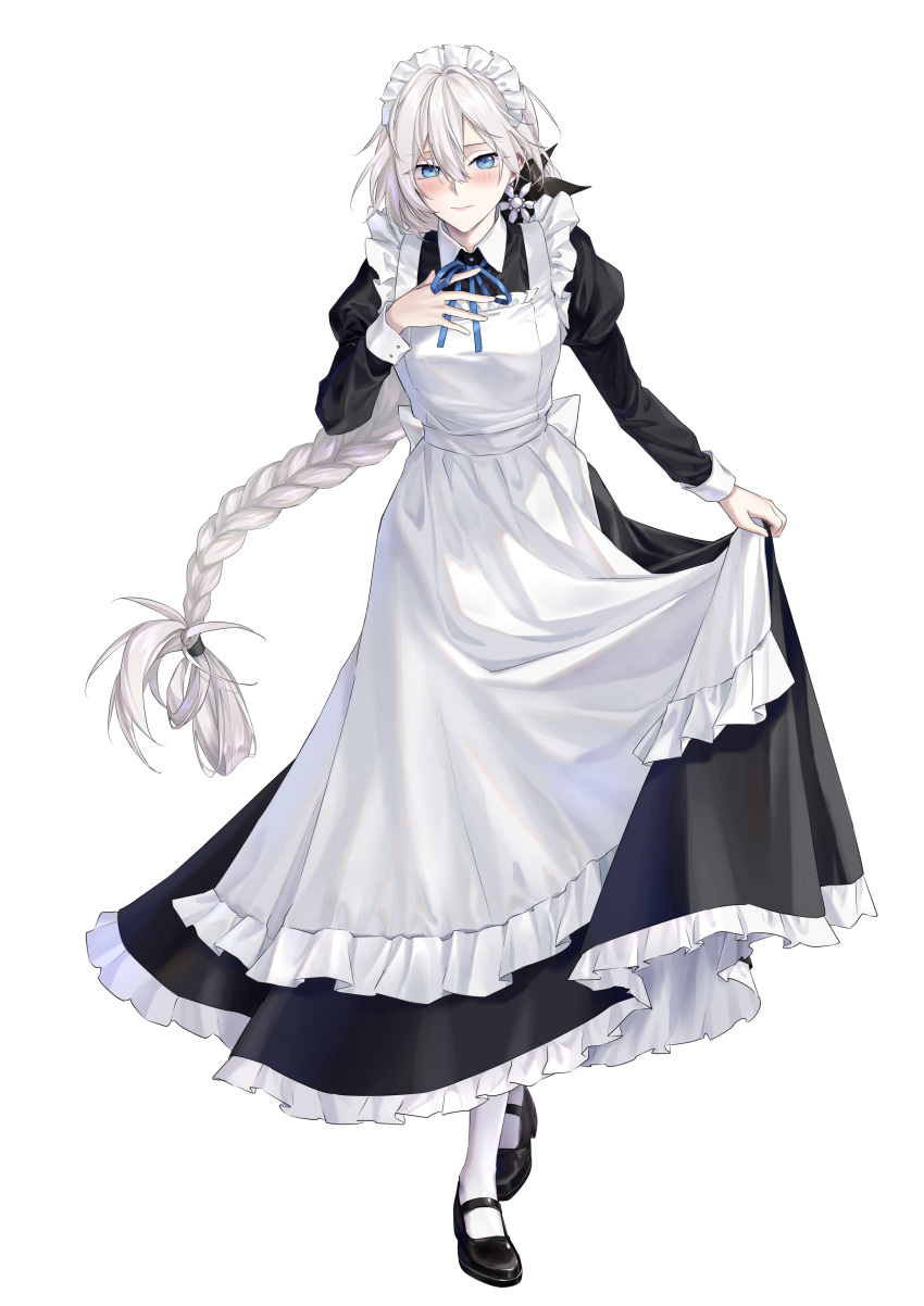 1girl absurdres alternate_costume apc556_(girls'_frontline) blue_eyes blue_ribbon blush braid closed_mouth commission english_commentary enmaided flower full_body girls_frontline hair_between_eyes hair_flower hair_ornament hand_on_own_chest highres juliet_sleeves long_hair long_sleeves looking_at_viewer maid maid_headdress neck_ribbon pantyhose pixiv_commission puffy_sleeves ribbon simple_background solo standing suprii white_background white_hair