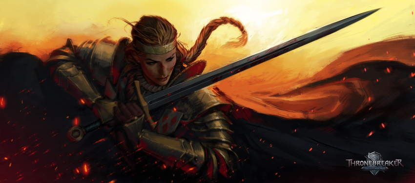 1girl armor blonde_hair blood blood_on_face blood_on_weapon brown_gloves cape circlet copyright_name embers gloves highres holding holding_sword holding_weapon logo long_hair meve_(witcher) pauldrons ponytail shoulder_armor solo sword the_witcher_(series) thronebreaker:the_witcher_tales upper_body vambraces weapon yama_orce