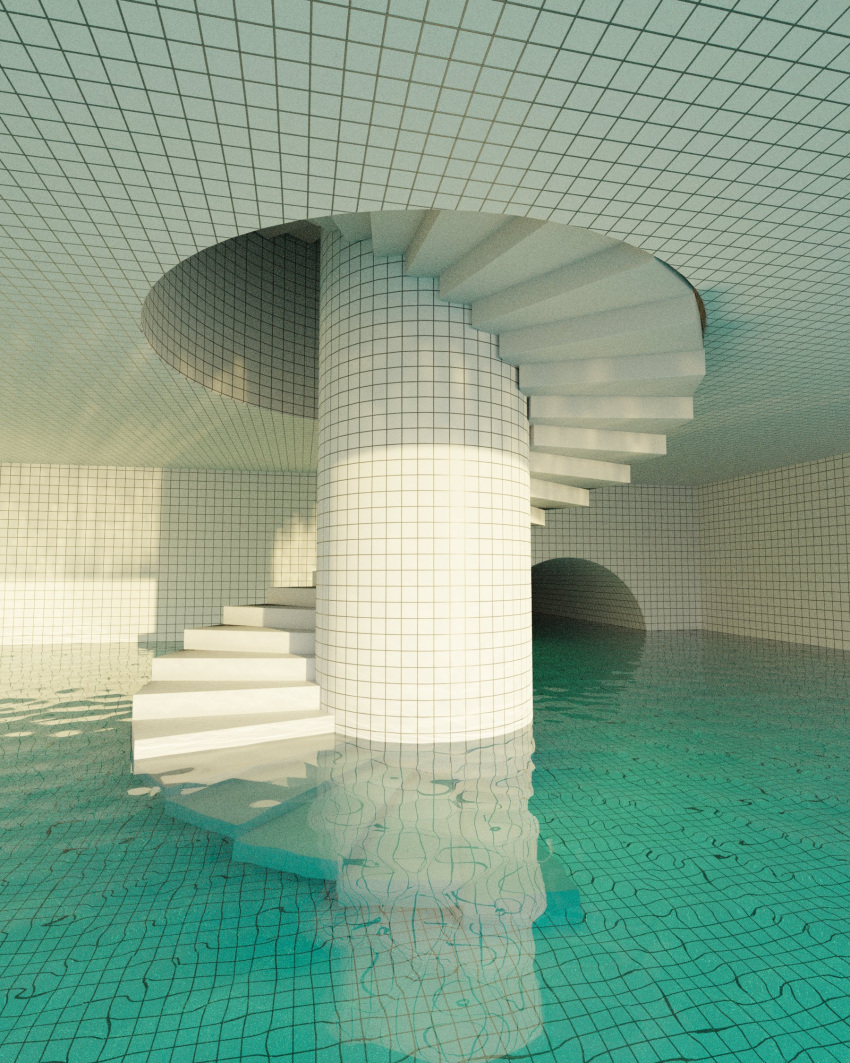 backrooms_(creepypasta) ceiling dream_pool hallway highres immersed indoors jaredpike partially_submerged pool reflection reflective_water scenery spiral_staircase stairs submerged tile_ceiling tile_floor tile_wall tiles water