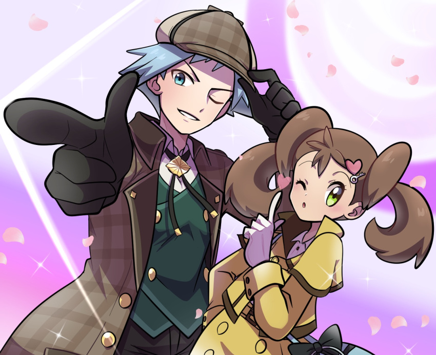 1boy 1girl ;) ;o bag black_gloves blue_eyes blue_hair brown_coat brown_hair brown_headwear buttons coat collared_shirt gloves green_eyes green_vest hair_ornament hand_on_own_hip hat heart heart_hair_ornament highres holding holding_clothes holding_hat index_finger_raised jacket key_hair_ornament long_hair long_sleeves looking_at_viewer official_alternate_costume one_eye_closed open_clothes open_coat petals plaid_coat plaid_headwear pointing pointing_at_viewer pokemon pokemon_(game) pokemon_masters_ex saon101 shauna_(pokemon) shauna_(special_costume)_(pokemon) shirt short_hair shoulder_bag skirt smile steven_stone steven_stone_(special_costume) twintails upper_body vest white_gloves white_shirt yellow_jacket yellow_skirt
