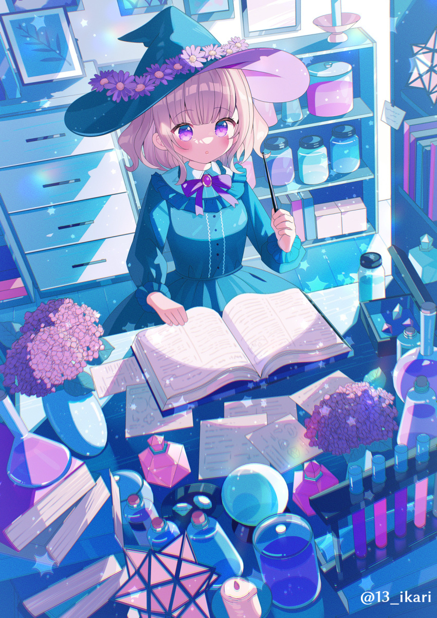 1girl :o blue_dress blue_headwear blush book bow brown_hair collared_shirt commentary_request dress flask flower hat hat_flower highres holding holding_wand ikari_(aor3507) indoors long_sleeves open_book original parted_lips pink_flower puffy_long_sleeves puffy_sleeves purple_bow purple_flower round-bottom_flask shirt solo star_(symbol) twitter_username vase vial violet_eyes wand white_shirt witch_hat