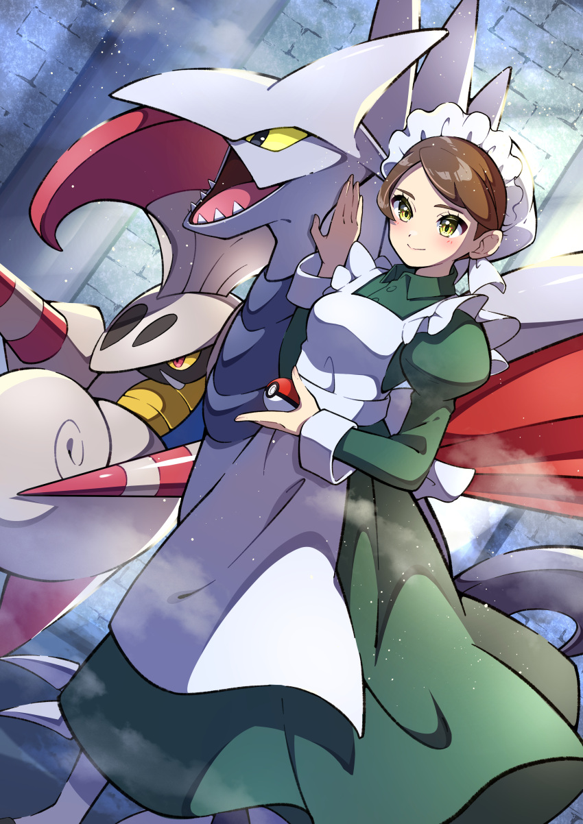 1girl absurdres apron blush brown_hair closed_mouth collared_dress dress escavalier eyelashes fog green_dress hand_up headdress highres holding holding_poke_ball long_sleeves maid maid_(pokemon) maid_apron pantyhose poke_ball poke_ball_(basic) pokemon pokemon_(creature) pokemon_(game) pokemon_bw pon_yui puffy_sleeves shoes short_hair skarmory smile standing white_apron white_pantyhose yellow_eyes