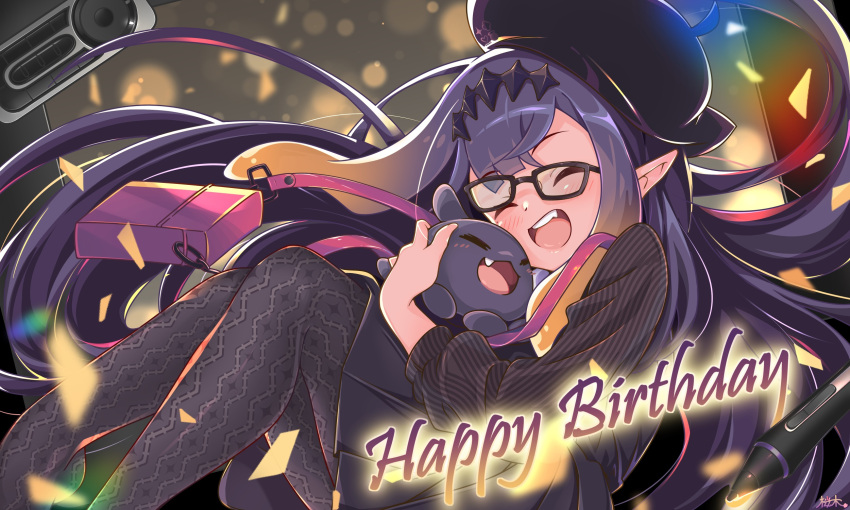 1girl alternate_costume blurry blurry_background blush casual closed_mouth confetti english_commentary fang glasses hair_ornament happy_birthday hat highres hololive hololive_english hug long_hair ninomae_ina'nis ninomae_ina'nis_(2nd_costume) open_mouth pantyhose pointy_ears purple_hair sakuragi_yuuki solo takodachi_(ninomae_ina'nis) teeth tentacle_hair upper_teeth_only virtual_youtuber