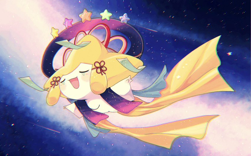 :d blush_stickers chromatic_aberration closed_eyes full_body happy highres jirachi no_humans open_mouth pokemon pokemon_(creature) remon_(920moomin) ribbon shooting_star smile solo space