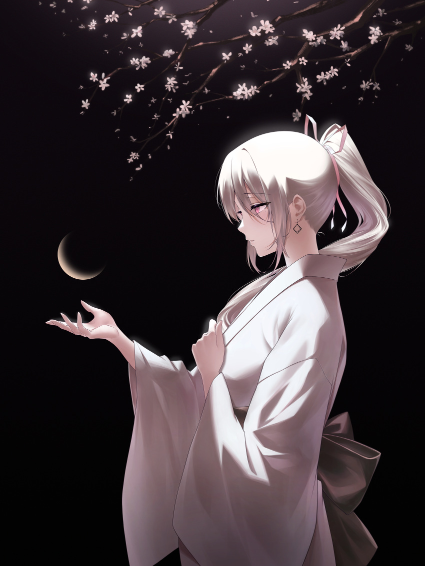 1girl absurdres black_background cherry_blossoms crescent_moon earrings from_side highres iamahri1994 japanese_clothes jewelry kimono long_hair long_sleeves mole mole_under_eye moon obi original parted_lips pink_eyes ponytail sash simple_background solo white_hair white_kimono wide_sleeves