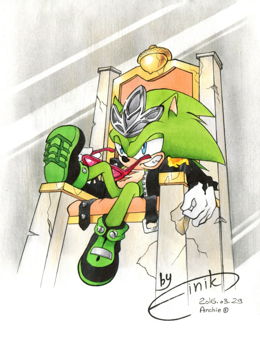 1boy black_jacket crown dated finik gloves highres holding holding_eyewear jacket looking_at_viewer open_clothes open_jacket scourge_the_hedgehog shoes signature sitting solo sonic_(series) sunglasses throne white_gloves