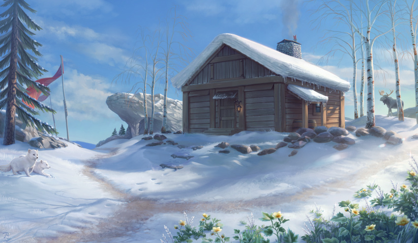 animal blue_sky blunell_(artist) cabin chimney commentary english_commentary flower highres landscape moose no_humans original outdoors path pine_tree plant rock sky smoke snow tree yellow_flower