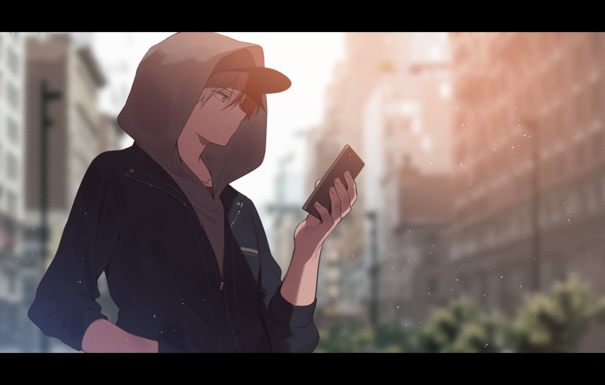1boy baseball_cap blurry blurry_background boku_no_hero_academia bright_pupils building closed_mouth commentary_request fingernails grey_hoodie gugugunogu hand_in_pocket hand_up hat highres holding holding_phone hood hood_up hoodie letterboxed long_sleeves male_focus multicolored_hair outdoors phone redhead sleeves_past_elbows solo split-color_hair todoroki_shouto two-tone_hair upper_body white_hair white_pupils zipper zipper_pull_tab