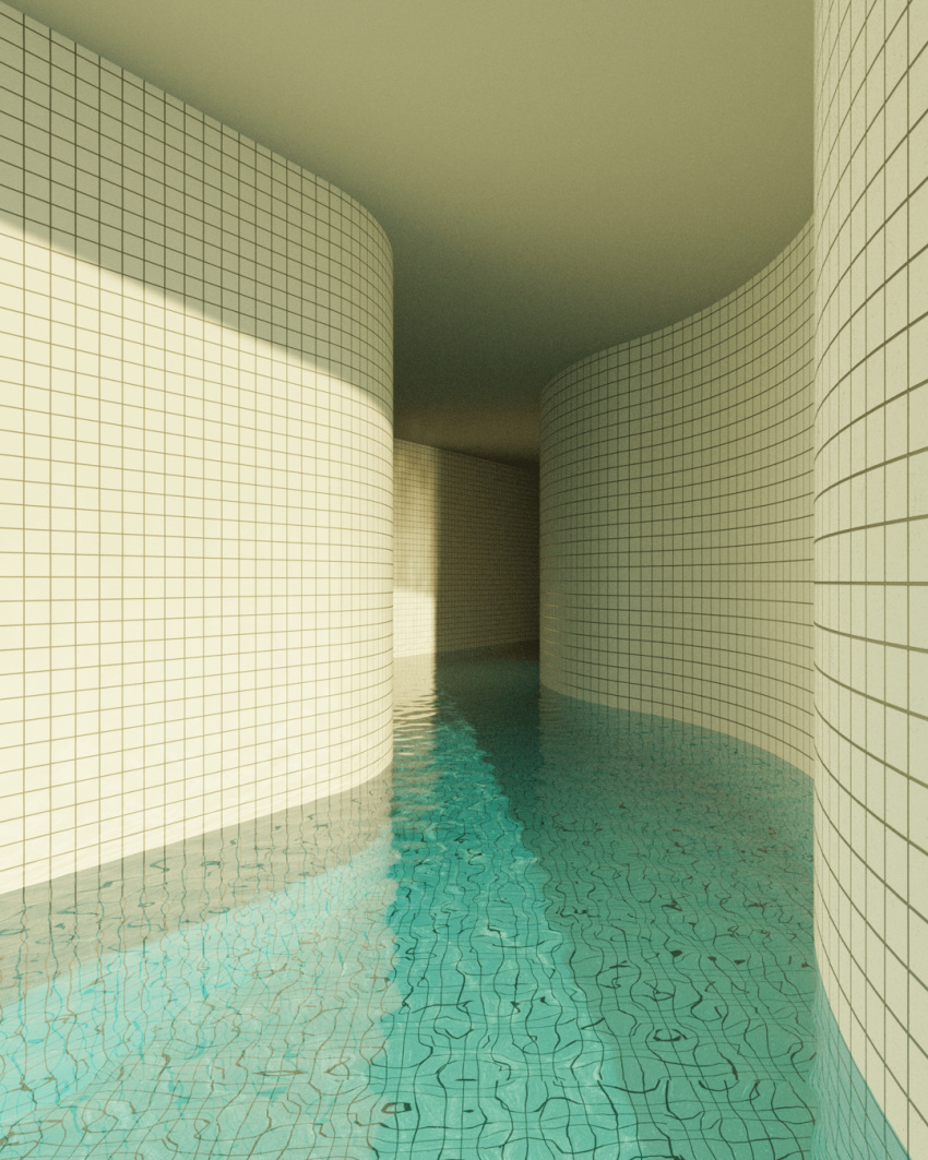 backrooms_(creepypasta) ceiling dream_pool hallway highres immersed indoors jaredpike original partially_submerged pool reflection reflective_water scenery submerged tile_ceiling tile_floor tile_wall tiles water