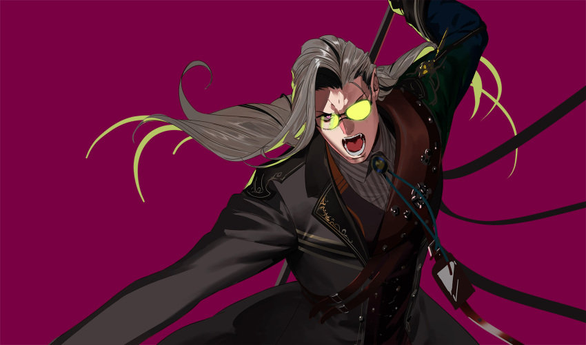 1boy black_coat coat fangs glasses grey_hair highres holding holding_polearm holding_weapon holostars holostars_english long_hair male_focus noir_vesper noir_vesper_(1st_costume) opaque_glasses open_mouth pako_(pakosun) partially_opaque_glasses pointy_ears polearm purple_background shirt striped striped_shirt violet_eyes virtual_youtuber weapon
