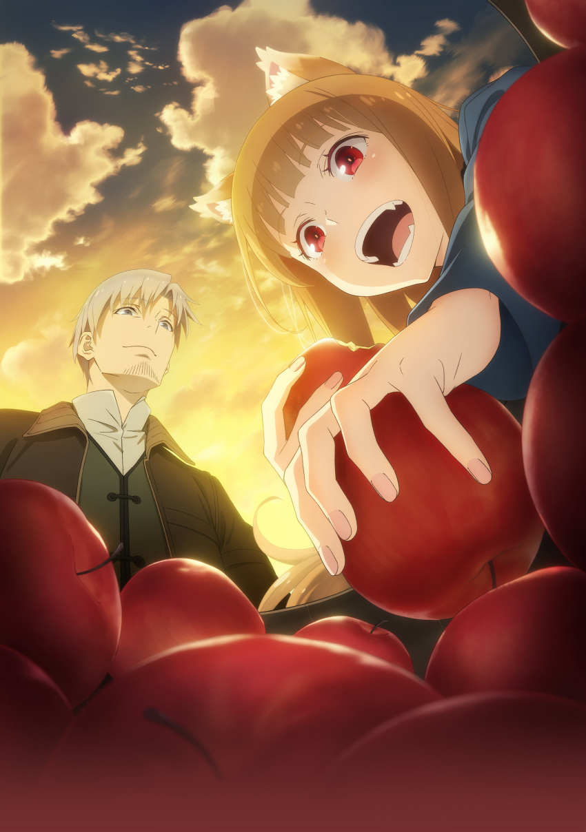 1boy 1girl :d absurdres animal_ears apple black_jacket brown_hair collared_shirt commentary_request craft_lawrence facial_hair food from_below fruit goatee highres holding holding_food holding_fruit holo jacket key_visual long_hair looking_at_viewer multiple_sources official_art open_mouth promotional_art red_eyes shirt short_hair smile spice_and_wolf white_hair white_shirt wolf_ears wolf_girl