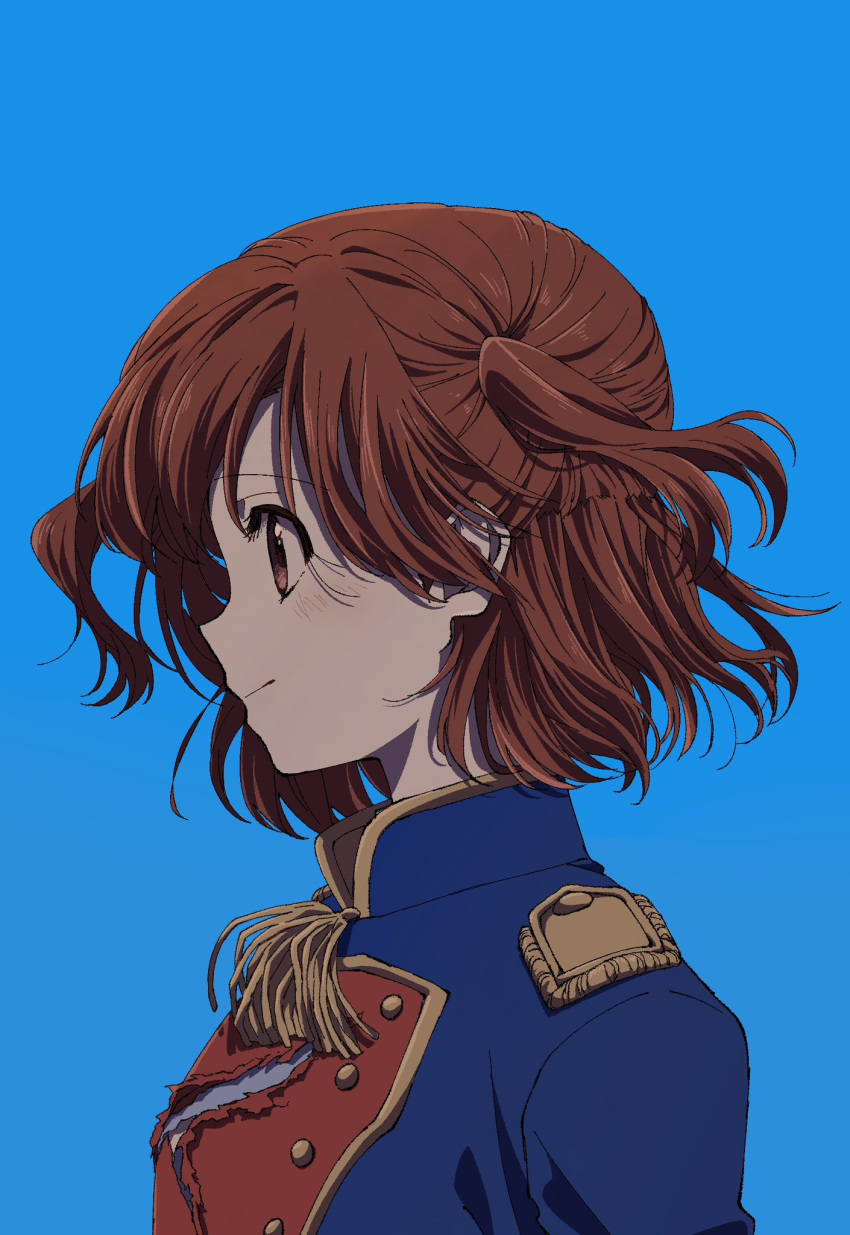 1girl aijou_karen arm_at_side blue_background blue_jacket brown_eyes brown_hair closed_mouth epaulettes floating_hair from_side highres jacket light_blush light_smile looking_ahead multicolored_clothes multicolored_jacket nori_(cheiwbciwkxbdjr) one_side_up profile red_jacket short_hair shoujo_kageki_revue_starlight simple_background solo tassel torn_jacket upper_body