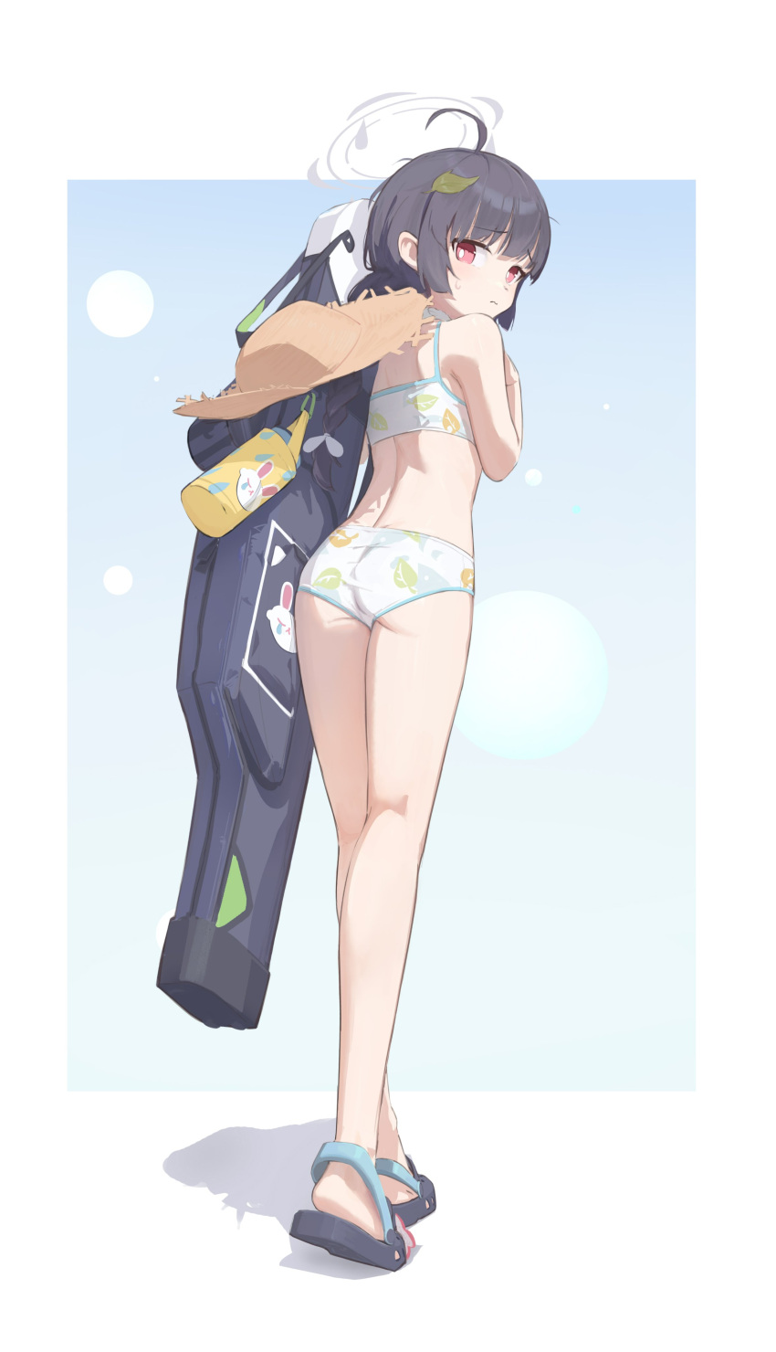 1girl absurdres aton_(user_kufr5245) bag bare_arms bare_legs bare_shoulders bikini black_hair blue_archive braid commentary_request crocs from_behind full_body halo hat hat_behind_back highres leaf leaf_on_head leaf_print long_hair looking_at_viewer looking_back miyu_(swimsuit)_(blue_archive) official_alternate_costume print_bikini red_eyes solo straw_hat swimsuit twin_braids white_bikini
