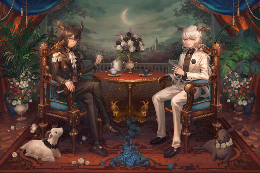 2boys animal_ears arknights ascot balcony black_flower black_footwear black_hair black_jacket black_pants black_rose black_shirt black_suit blue_flower blue_rose boutonniere brooch buttoned_cuffs carpet chair clouds collared_shirt crescent_moon crossed_legs cup curtains ebenholz_(arknights) epaulettes flower full_body goat goat_boy goat_ears goat_horns green_sky hair_between_eyes hebbtia highres holding holding_flower horns indoors interlocked_fingers jacket jewelry kreide_(arknights) lapels long_hair long_sleeves looking_at_viewer low_ponytail male_focus moon multiple_boys notched_lapels open_clothes open_jacket own_hands_together pants pendant pink_flower pink_rose plant red_flower red_rose rose saucer shirt shoes sitting smile suit table teacup teapot vase violet_eyes white_ascot white_flower white_jacket white_pants white_rose white_suit