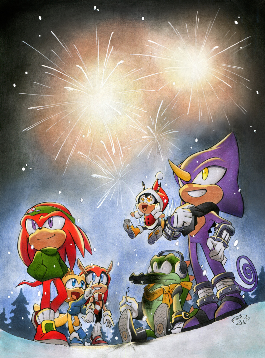 6+boys absurdres black_scarf blue_shirt burnt_face charmy_bee christmas earmuffs espio_the_chameleon finik fireworks gloves green_shirt hands_in_pockets hat highres knuckles_the_echidna mighty_the_armadillo multiple_boys night night_sky outdoors ray_the_flying_squirrel santa_hat scarf shirt shoes sitting sky sonic_(series) vector_the_crocodile white_gloves