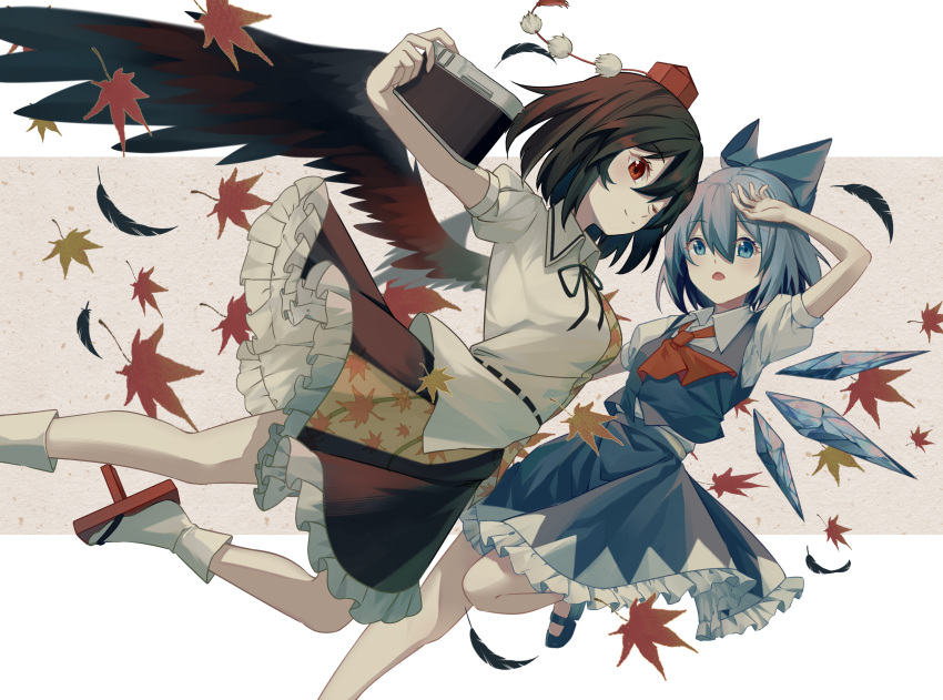 2girls absurdres black_hair blue_bow blue_eyes blue_hair bow cirno closed_mouth hair_between_eyes hair_bow hat highres leaf maple_leaf minuo multiple_girls open_mouth pom_pom_(clothes) red_eyes red_headwear shameimaru_aya short_hair tokin_hat touhou